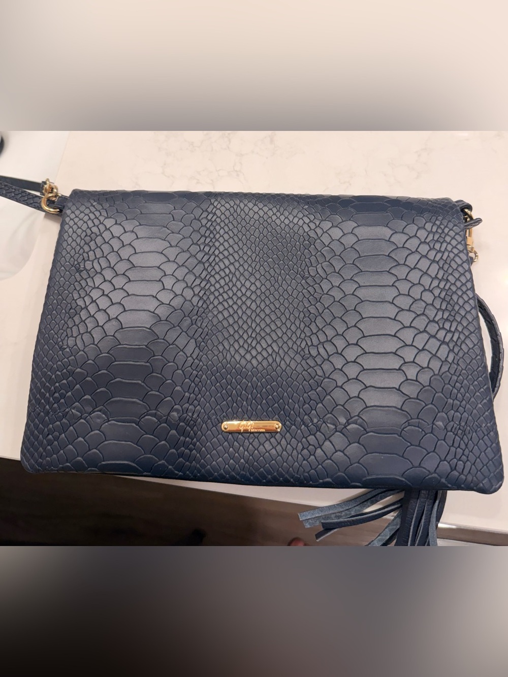 Blue Textured Faux-Snake Leather Crossbody Bag with Gold Accent GiGi